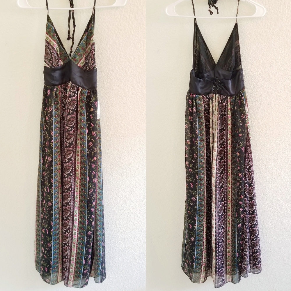 black & mixed floral patterned halter maxi dress